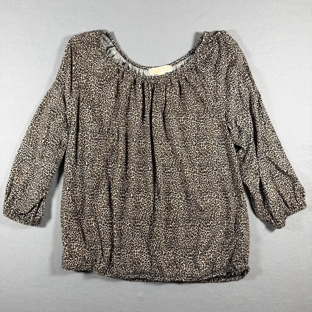 Michael Kors Leopard Print Off Shoulder Blouse Women’s Size L 3/4 Sleeve